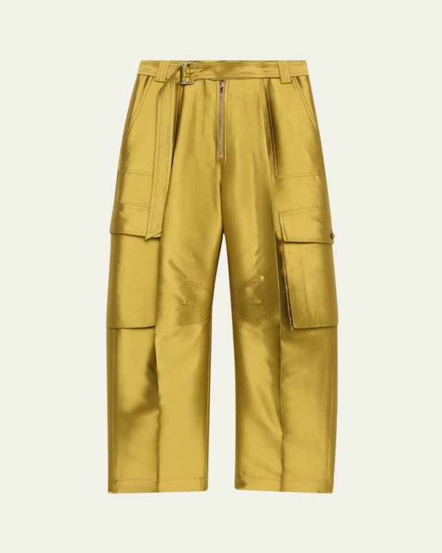 Belted Straight Leg Silk Cargo Pants